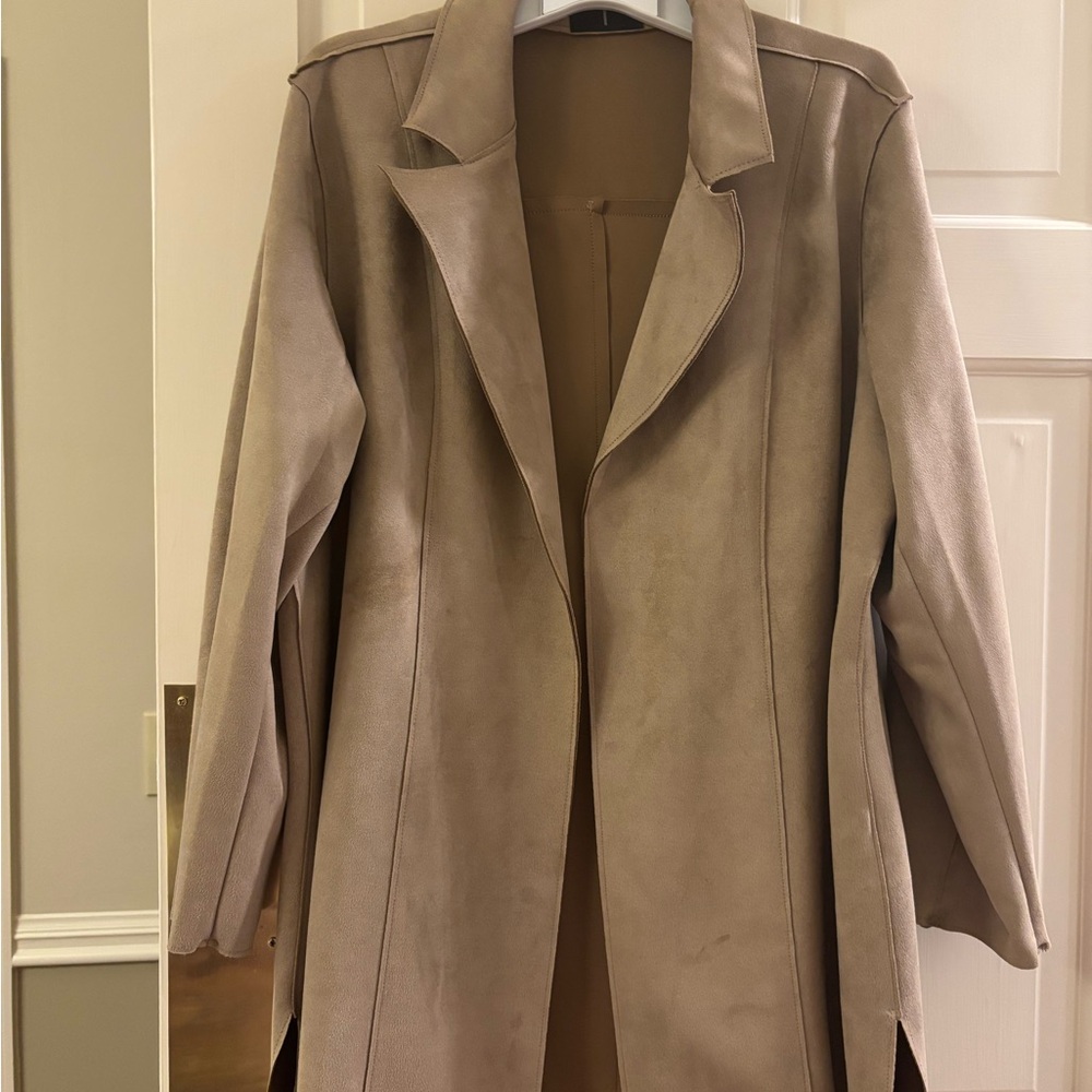 Tahari Taupe Leather Longline Coat faux suede